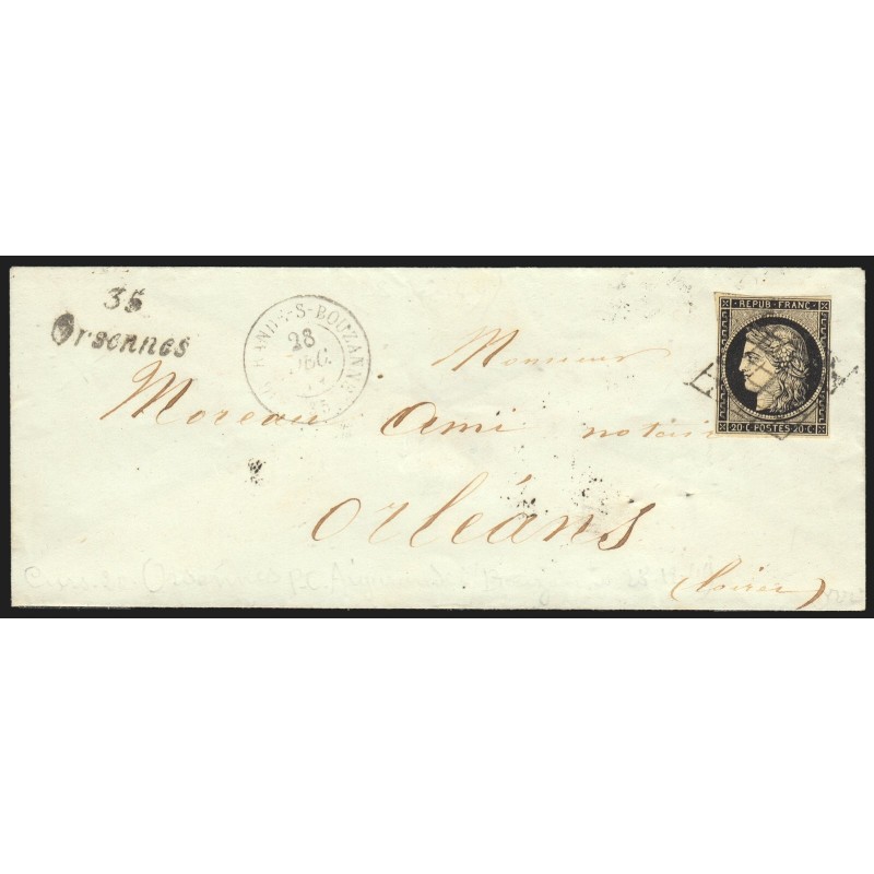 n°3, Cérès 20c noir càd AIGURANDE-SUR-BOUZANNE + cursive 35/ORSENNES Certificat n°3, Cérès 20c noir càd AIGURANDE-SUR-BOUZANNE + cursive 35/ORSENNES Certificat