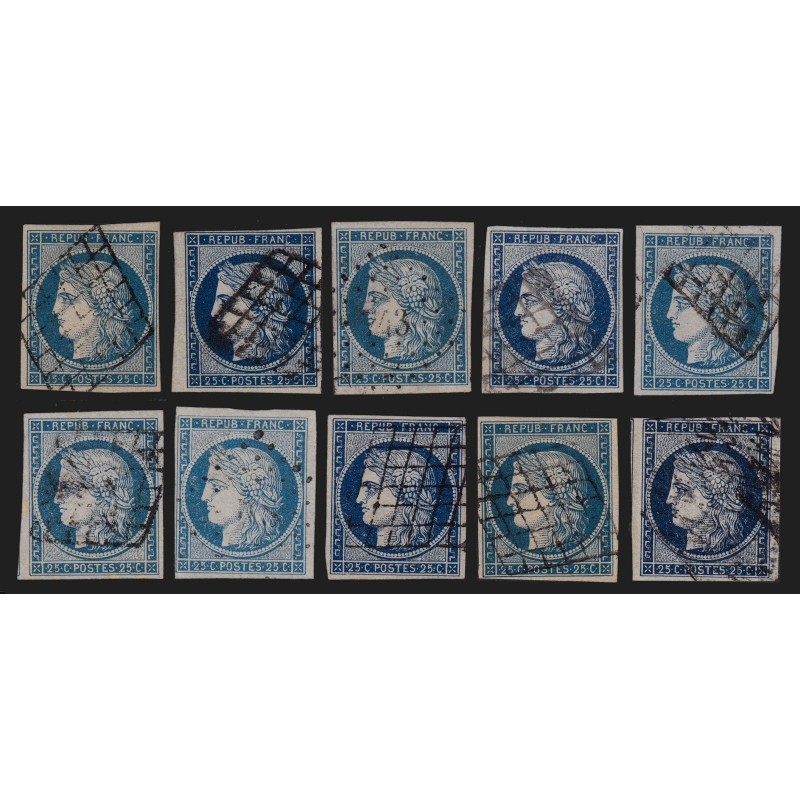 n°4, lot de 10 exemplaires Cérès 25c bleu de 1850, oblitérés - 1er choix TB n°4, lot de 10 exemplaires Cérès 25c bleu de 1850, oblitérés - 1er choix TB