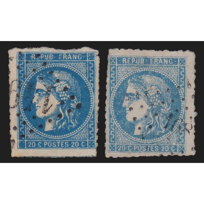 n°46B percés en ligne, en 2 nuances, Cérès Bordeaux 20c bleu - B/TB n°46B percés en ligne, en 2 nuances, Cérès Bordeaux 20c bleu - B/TB