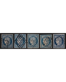 n°4, Cérès 1850, 25c bleu, en 5 nuances de couleurs différentes - TB