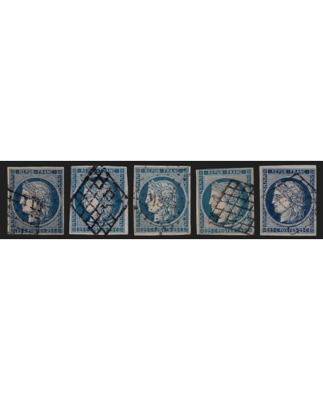 n°4, Cérès 1850, 25c bleu, en 5 nuances de couleurs différentes - TB