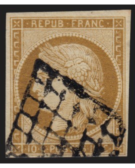 n°1, Cérès 10c bistre-jaune, oblitéré grille noire, signé CALVES - TB