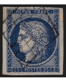 n°4a, Cérès 1850, 25c bleu-foncé, oblitéré grille - SUPERBE