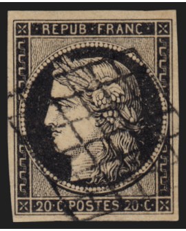 n°3, Cérès 1849, 20c noir sur jaune, oblitéré grille noire - TB