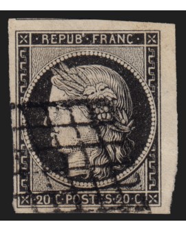 n°3a, Cérès 1849, 20c noir sur blanc, oblitéré grille noire - TTB