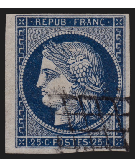 n°4a, Cérès 1850, 25c bleu-foncé, oblitéré grille noire légère - TB