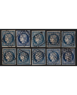 n°4, lot de 10 exemplaires Cérès 25c bleu de 1850, oblitérés - TB 1er choix