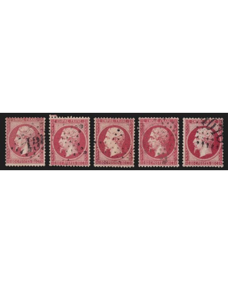 n°24 x5 nuances de couleurs, Napoléon 80c rose, oblitérés, joli nuancier - TB