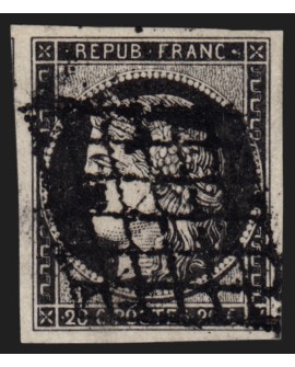 n°3a, Cérès 1849, 20c noir sur blanc, oblitéré grille - TB