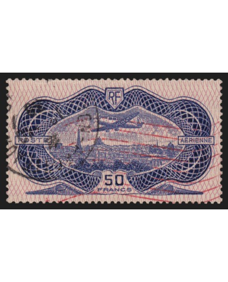 Poste Aérienne n°15, 50Fr outremer, burelage rose, 1936, oblitéré - TB