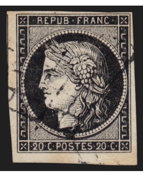 n°3a, Cérès 1849, 20c noir sur blanc, oblitéré grille, signé JF.BRUN - TB