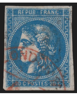 n°46B, Cérès Bordeaux, 20c bleu, Type III R2, oblitéré càd rouge LONDON - TB
