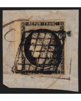 n°3 petit bord de feuille, Cérès 1849, 20c noir sur jaune, oblitéré - TB