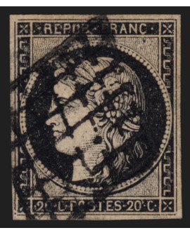 n°3, Cérès 1849, 20c noir sur jaune, oblitéré grille, signé CALVES - TB
