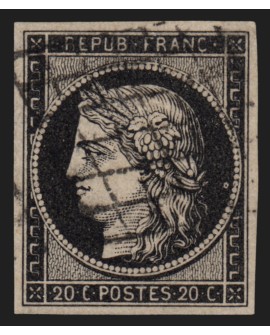 n°3, variété "anneau lune", Cérès 1849, 20c noir sur jaune, oblitéré - TB