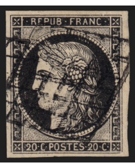 n°3a, Cérès 1849, 20c noir sur blanc, oblitéré grille, signé ROUMET - TB