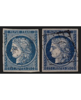 n°4/4a, Cérès 1850, 25c bleu en 2 jolies nuances, oblitérés - TB