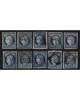 n°4, lot de 10 exemplaires Cérès 25c bleu de 1850, oblitérés - TB D'ASPECT