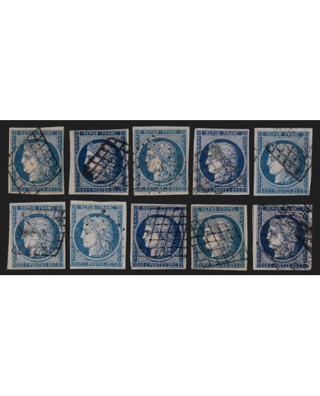 n°4, lot de 10 exemplaires Cérès 25c bleu de 1850, oblitérés - 1er choix TB