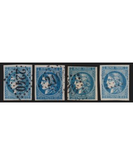 n°46B/46Ba/46Bb/46Bc, les 4 nuances, Cérès Bordeaux 20c bleu, Type III R2 - TTB
