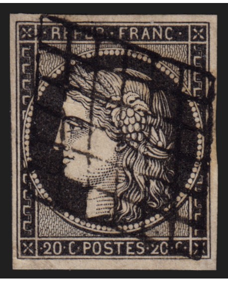 n°3a Cérès 1849, 20c noir sur blanc, oblitéré grille - TB