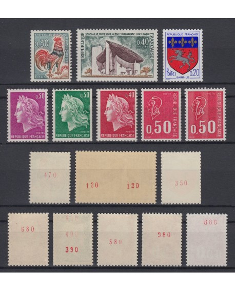 Lot de 8 timbres avec numéro rouge au verso, tous neufs ** sans charnière SUP