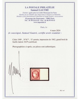 n°6, Cérès 1fr carmin, réimpression de 1862, neuf * - SUPERBE - Certificat