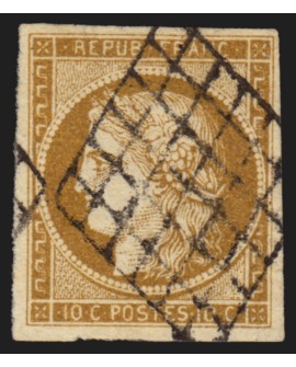 n°1a, Cérès 10c bistre-brun, oblitéré grille, signé A.BRUN - TTB D'ASPECT