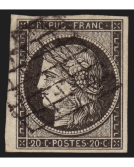 n°3a, petit bord de feuille, Cérès 1849, 20c noir sur blanc, oblitéré - TTB