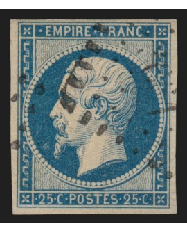 n°15, Napoléon non-dentelé, 25c bleu, oblitéré, signé A.BRUN - TB