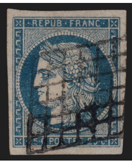 n°4, Cérès 1850, 25c bleu, oblitéré grille, signé CALVES - TB