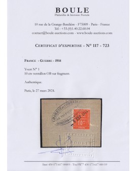 Timbres de Guerre, n°1, oblitéré Valenciennes 8 Septembre 1914 - Certificat