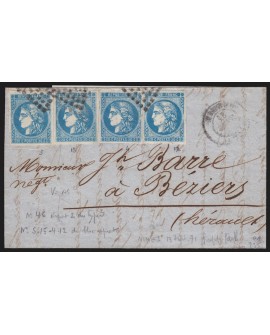 n°46B, 20c bleu en 4 ex. oblitérés Nîmes 13/SEPT./1871 sur lettre - Certificat
