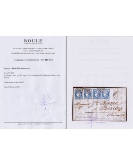 n°46B, 20c bleu en 4 ex. oblitérés Nîmes 13/SEPT./1871 sur lettre - Certificat