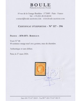 n°48, Cérès Bordeaux 40c orange, neuf * - TB - Certificat BOULE Paris