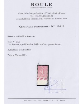 n°202a, Type II, Semeuse 75c lilas-rose, neuf ** sans charnière - Certificat