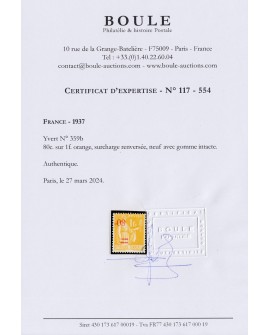 n°359b, surcharge renversée, Paix 80c/1fr orange, neuf ** SUPERBE - Certificat