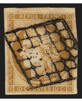 n°1, Cérès 1850, 10c bistre-jaune, oblitéré grille noire - TB