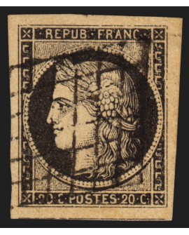 n°3, Cérès 1849, 20c noir sur jaune, oblitéré grille, signé A.BRUN - SUPERBE