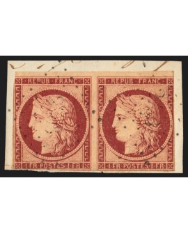 n°6 paire, Cérès 1849, 1fr carmin, oblitéré losange sur fragment