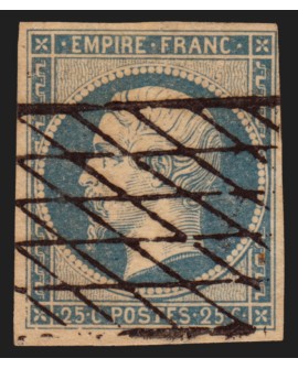 n°15, Napoléon non-dentelé 25c bleu, oblitéré grille sans fin - B/TB