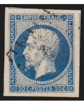 n°14A, Napoléon non-dentelé, 20c bleu, Type I, oblitéré - SUPERBE