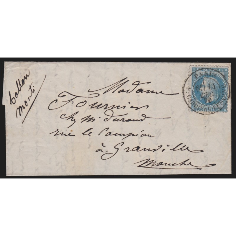 Ballon monté "Le Parmentier", oblitéré 14/DEC./1870 pour Granville, Certificat Ballon monté "Le Parmentier", oblitéré 14/DEC./1870 pour Granville, Certificat