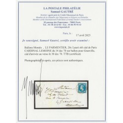 Ballon monté "Le Parmentier", oblitéré 14/DEC./1870 pour Granville, Certificat