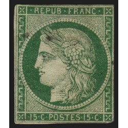 n°2, Cérès 1850, 15c vert, oblitération quasi-invisible - pièce d'attente