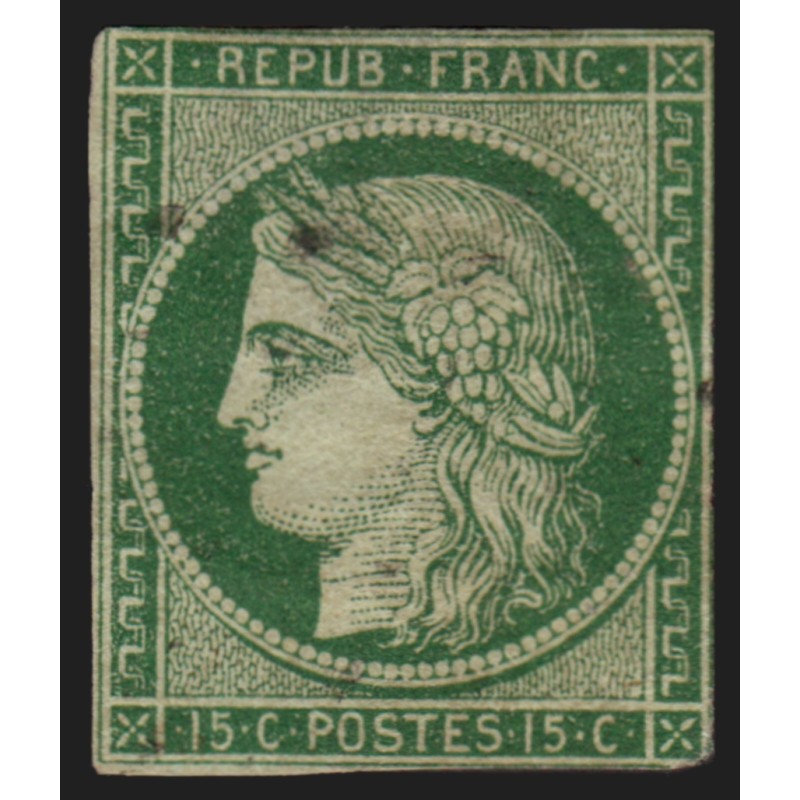 n°2, Cérès 1850, 15c vert, oblitération quasi-invisible - pièce d'attente n°2, Cérès 1850, 15c vert, oblitération quasi-invisible - pièce d'attente
