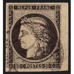 n°3, bord de feuille, Cérès 20c noir sur jaune, obl cachet à date - SUPERBE