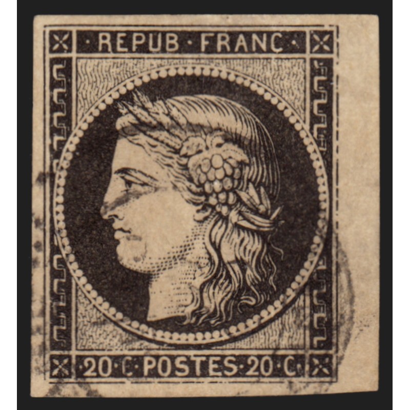 n°3, bord de feuille, Cérès 20c noir sur jaune, obl cachet à date - SUPERBE n°3, bord de feuille, Cérès 20c noir sur jaune, obl cachet à date - SUPERBE