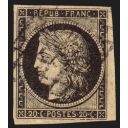 n°3, Cérès 1849, 20c noir sur jaune, oblitéré grille noire - TB
