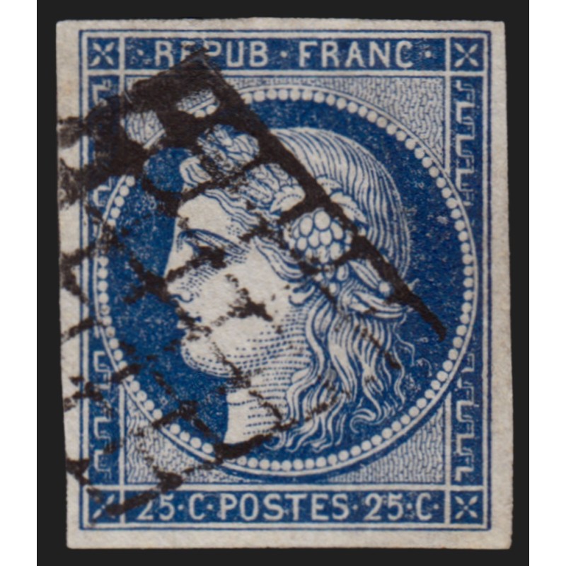 n°4, Cérès 1850, 25c bleu, nuance soutenue, oblitéré grille noire - TB n°4, Cérès 1850, 25c bleu, nuance soutenue, oblitéré grille noire - TB